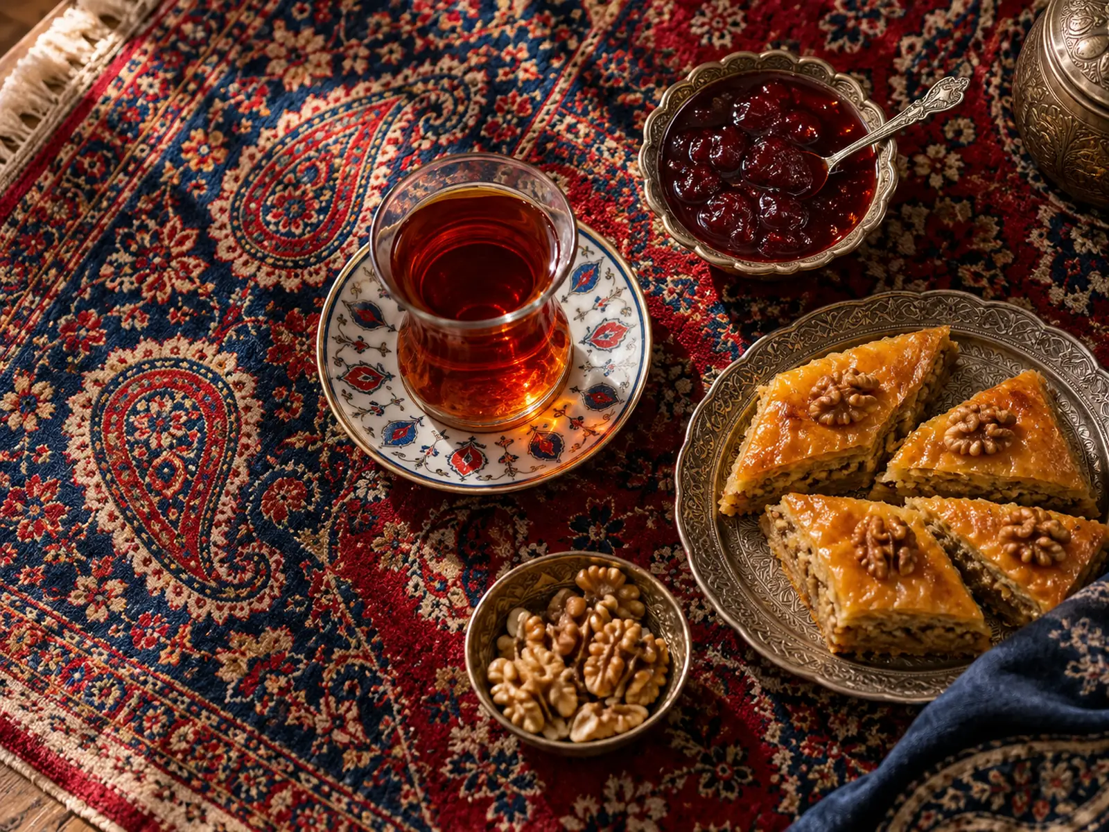 Azerbaijani carpet with buta motifs and tea in an armudu glass, Baku culture