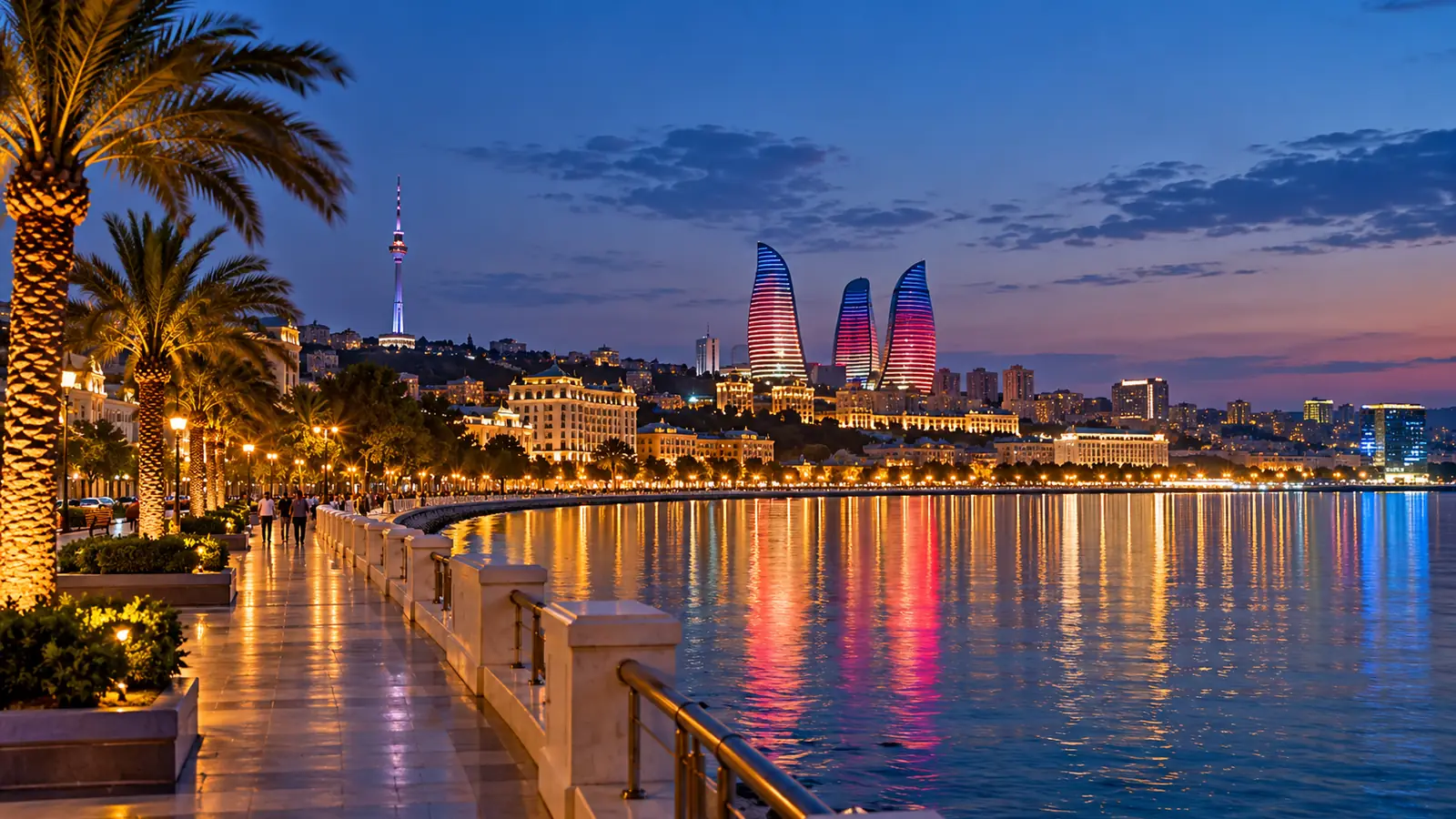 Baku tour: the Caspian seaside boulevard in Baku at golden hour